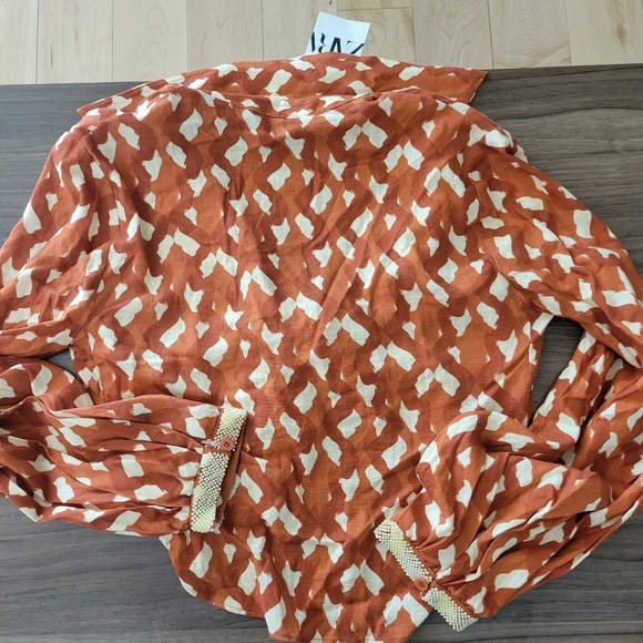 Zara Linen Blend Printed Top in Terracotta With Sequins Beads Sleeves Size S - Picture 8 of 16